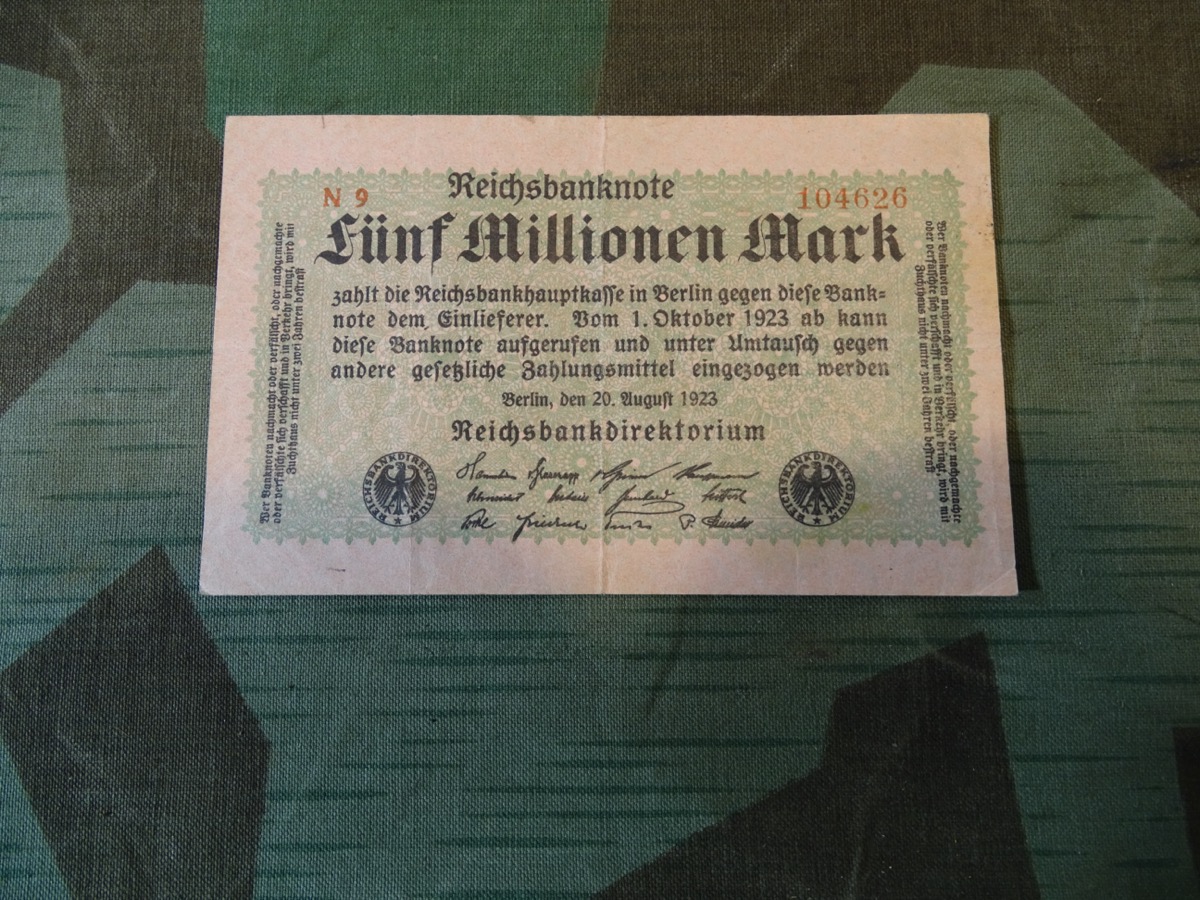 5 Millionen Reichsmark, Rückseite beschriftet, Original Geldschein goldene 20 `er Jahre und Inflationszeit... 