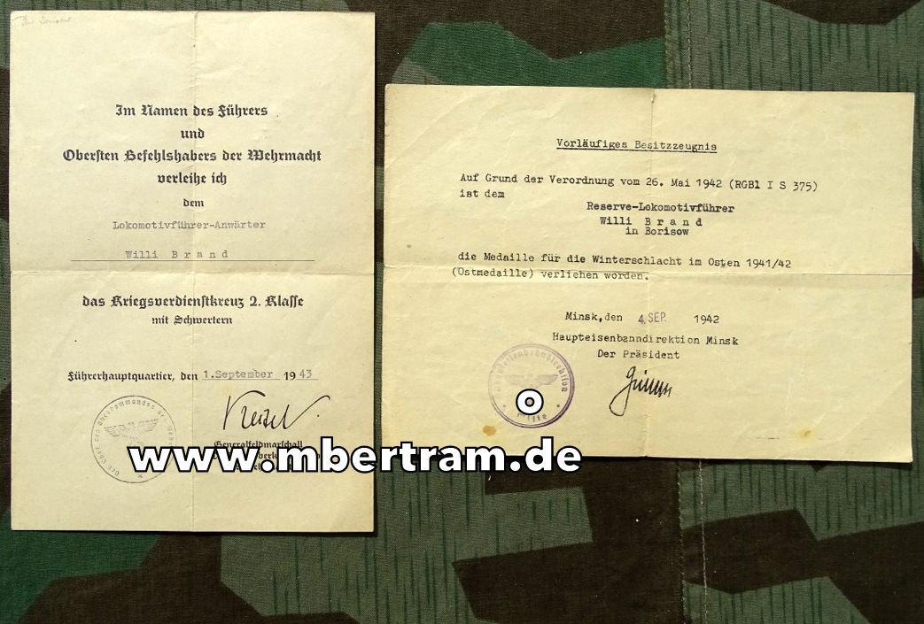 2 Urkunden: für KvK und Ostmedaille, für Lokomotivführer Willi B.
