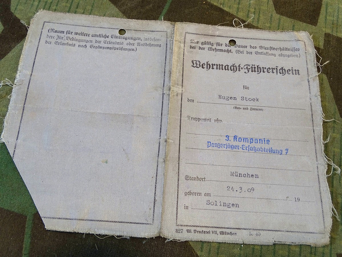 WH Führerschein, E.Stock, 3. Kp. Panzerjäger  Ers Abt. 7, München.