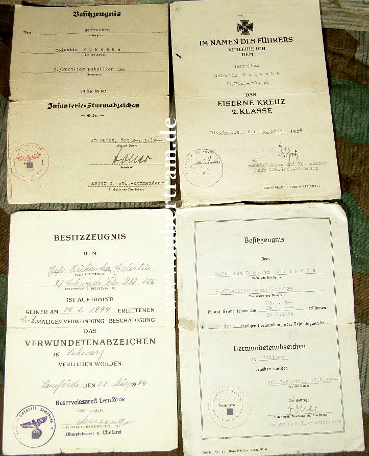 Urkunden 3. Füselier Btl. 126.ISA, VWA sch. u.si., EK 2