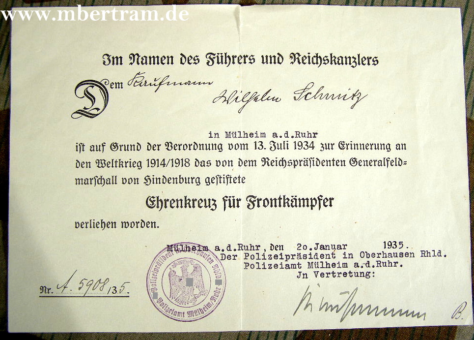 Urkunde Ehrenkreuz für Frontkämpfer 1935, Oberhausen