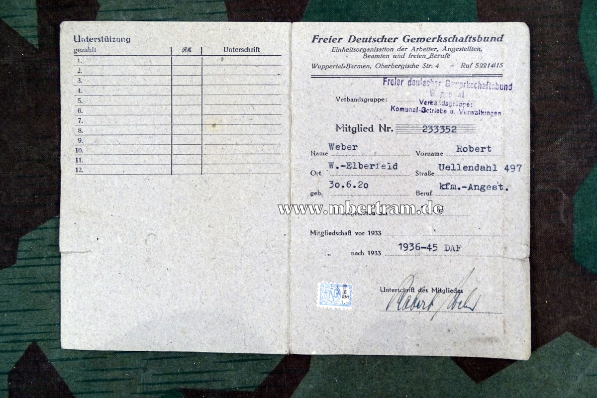 FDGB- Freier deutscher Gewerkschaftsbund Mitgliedsausweis von 1946