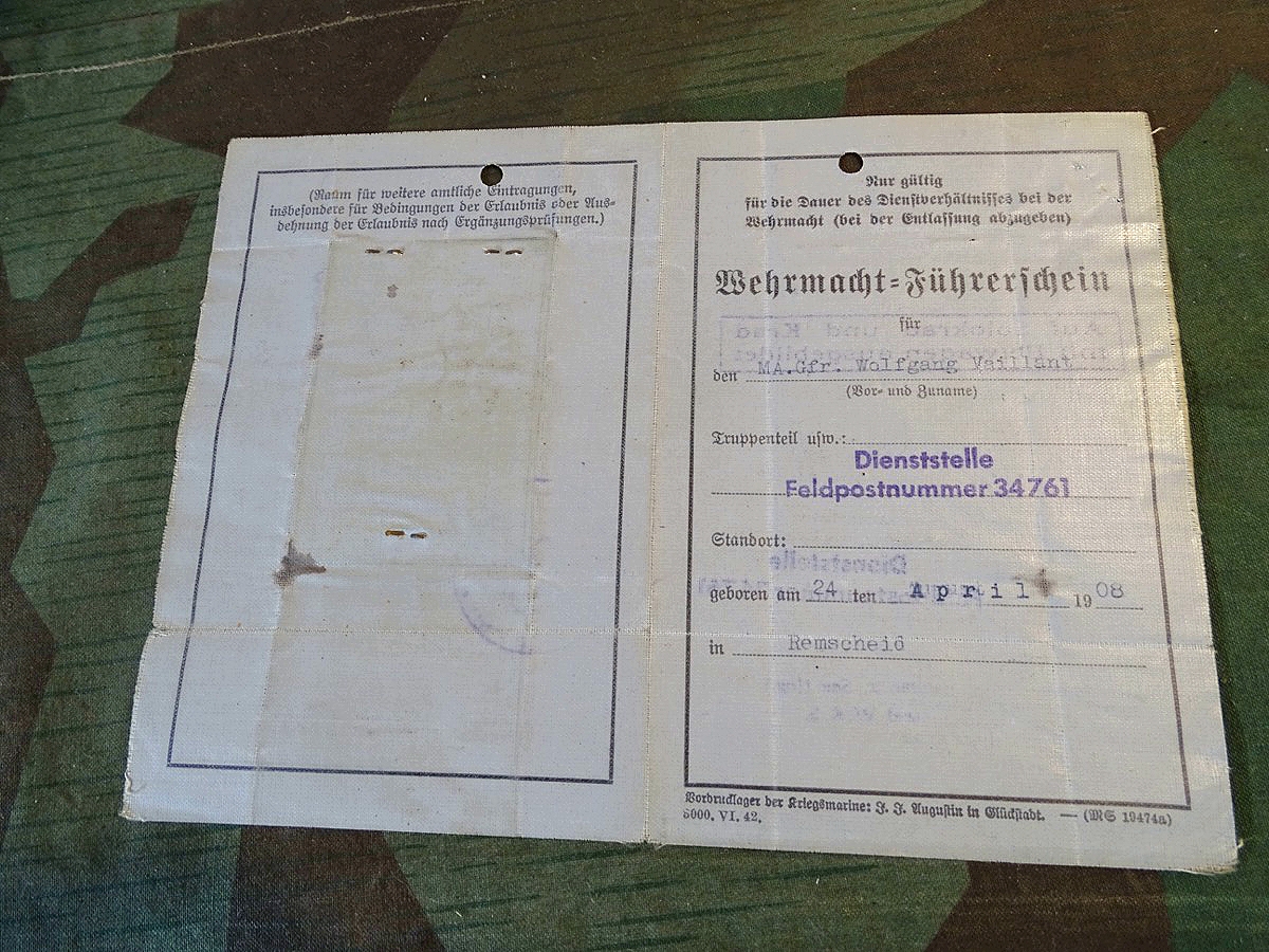 Kriegsmarine Führerschein Solokrad, Beiwagenkrad, Matr. Gefr. Wolfg. Vaillant, RS