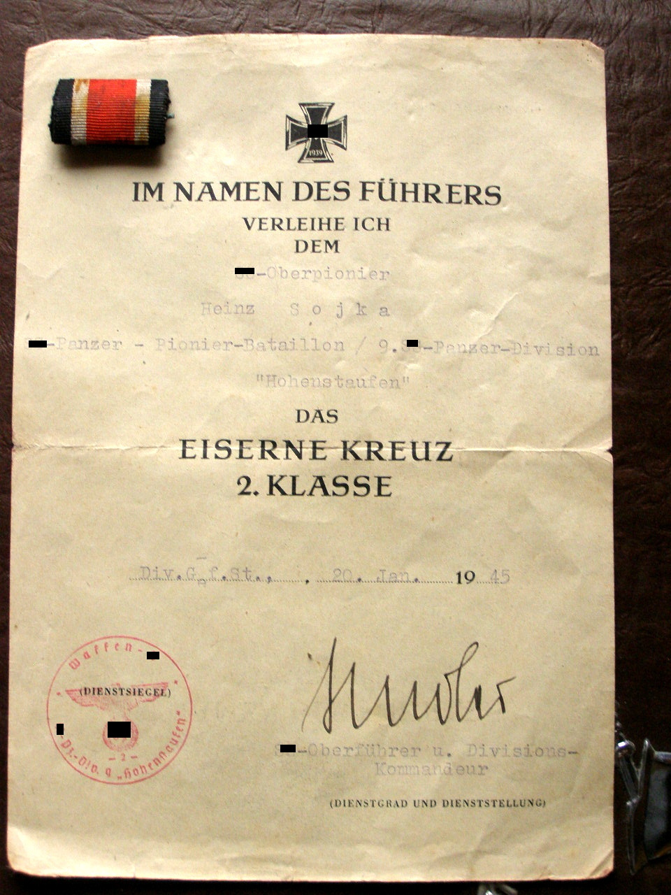 Urkunde EK 2, Bandspange, SS Pz.Pi.Btl., 9.SS Pz.Div.1945 !!