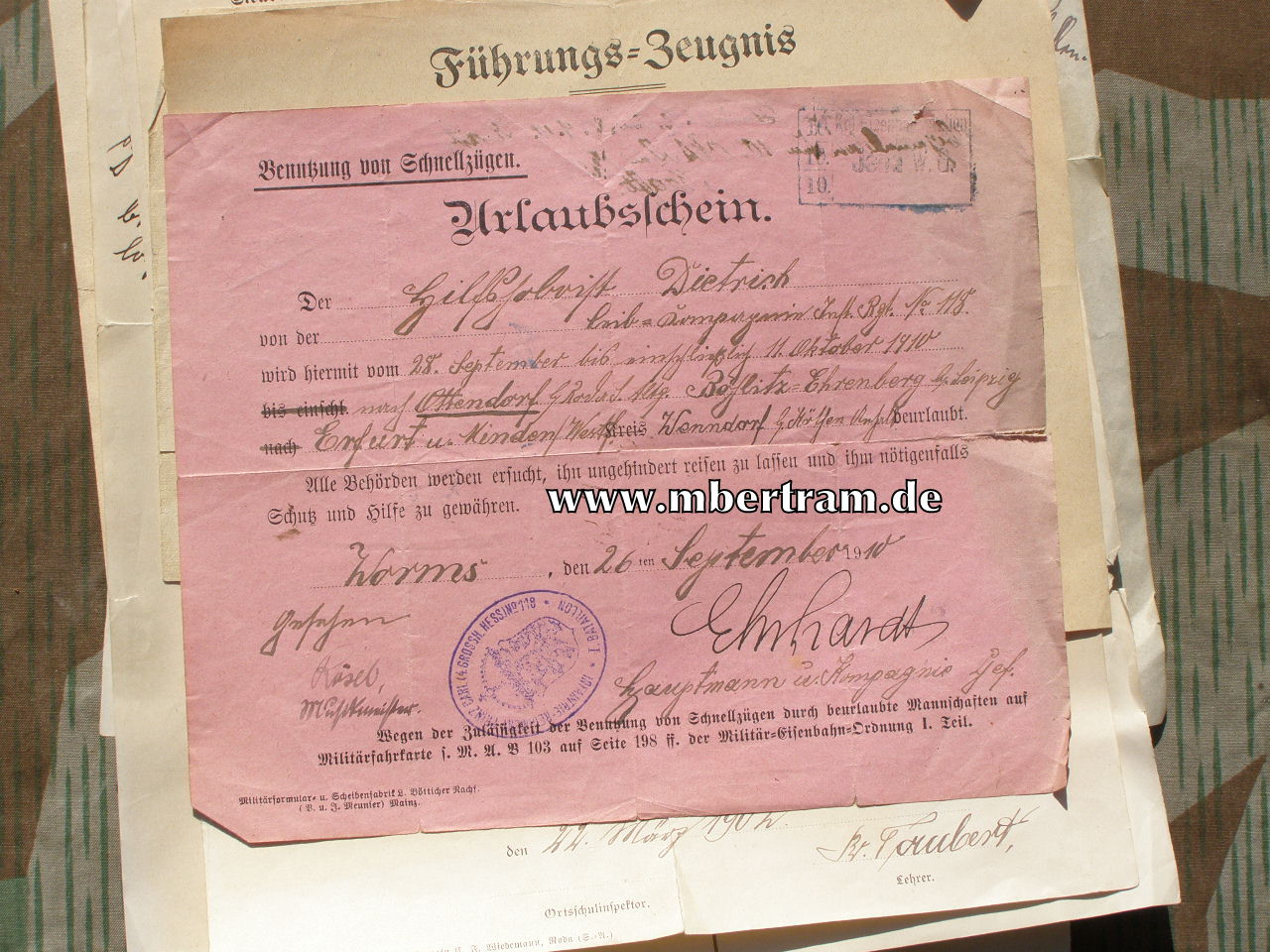 12447-8 Dokumente: Hilfs Hoboist, 6. Würtemb.Inf. Rgt. No. 124