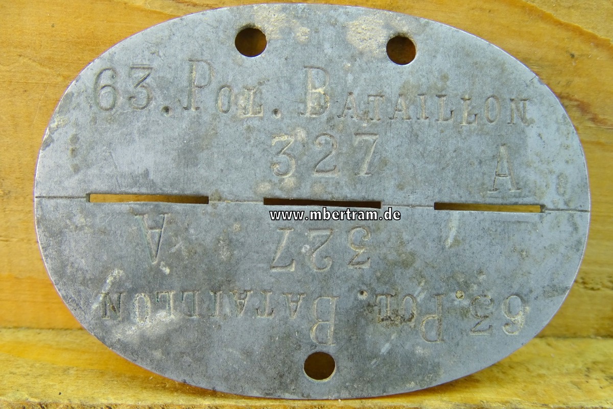 Polizei Erkennungsmarke " 63. Pol. Bataillon ", ( Wuppertal ) Feinzink