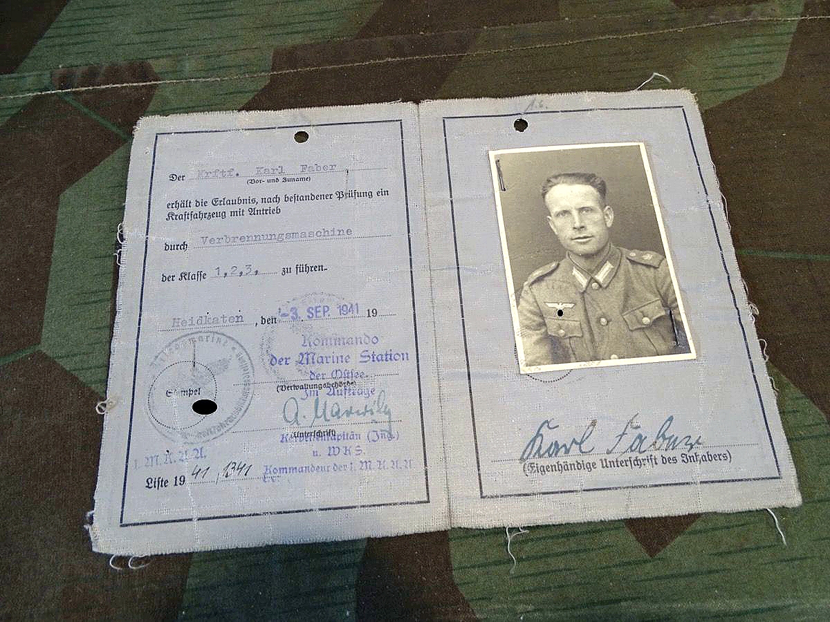 Kriegsmarine Führerschein Kraftfahrer K.Faber, 1. M.K.A.A Heidkaten, Klasse 1,2.3