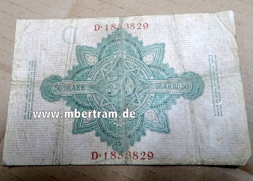 Reichsbanknote 50 Mark, kunstvoller Originalschein vor 1918