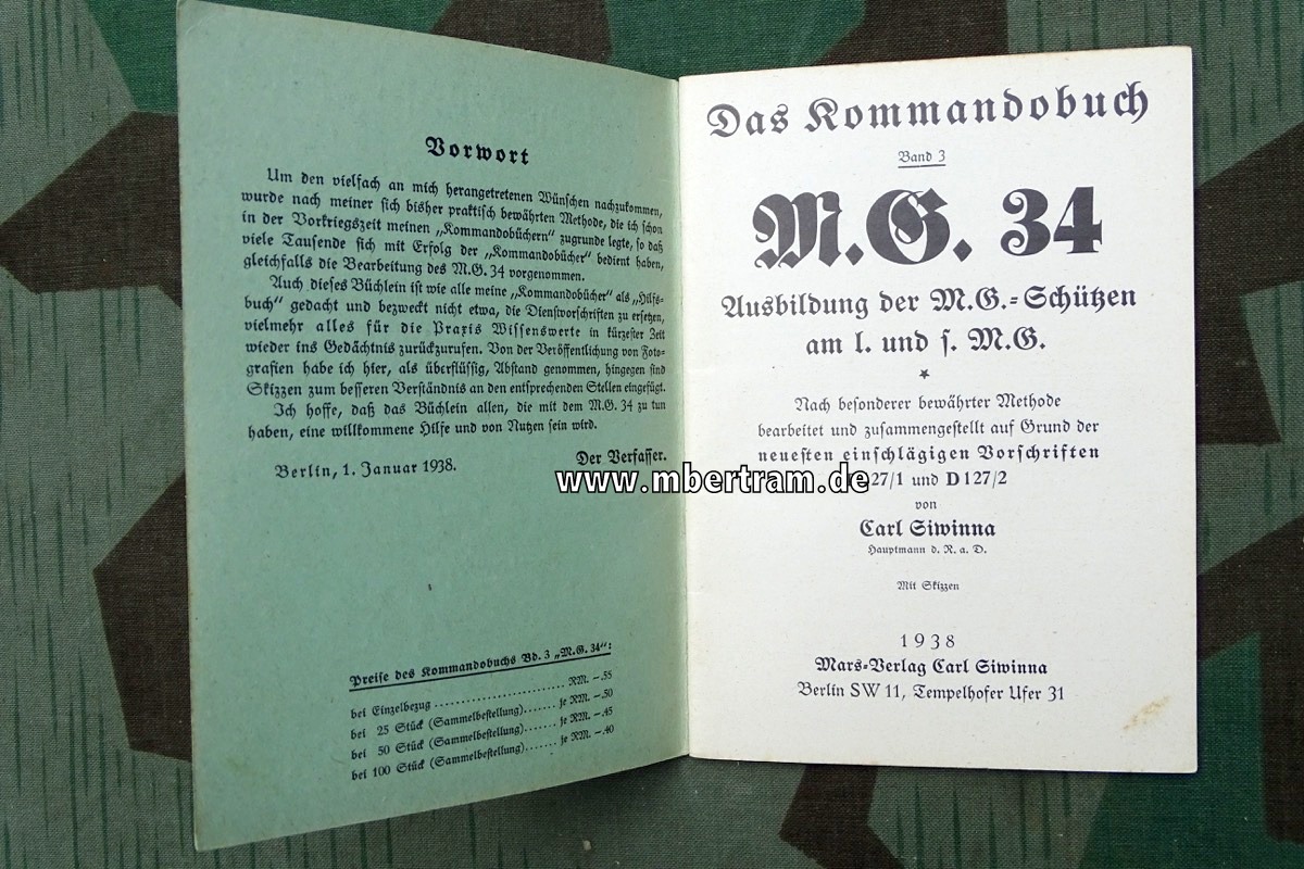 Das Kommandobuch M.G. 34  1938, Ausbildung der MG Schützen am l. u schw. MG