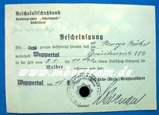 Bescheinigung RLB: Lehrgang zum Luftschutzmelder. SELTEN