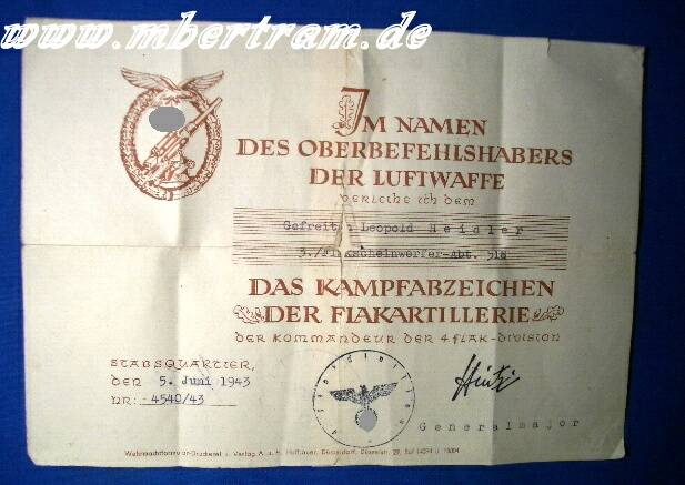 Urkunde Flakkampfabzeichen d. Luftwaffe, abgedrucktes Abz.