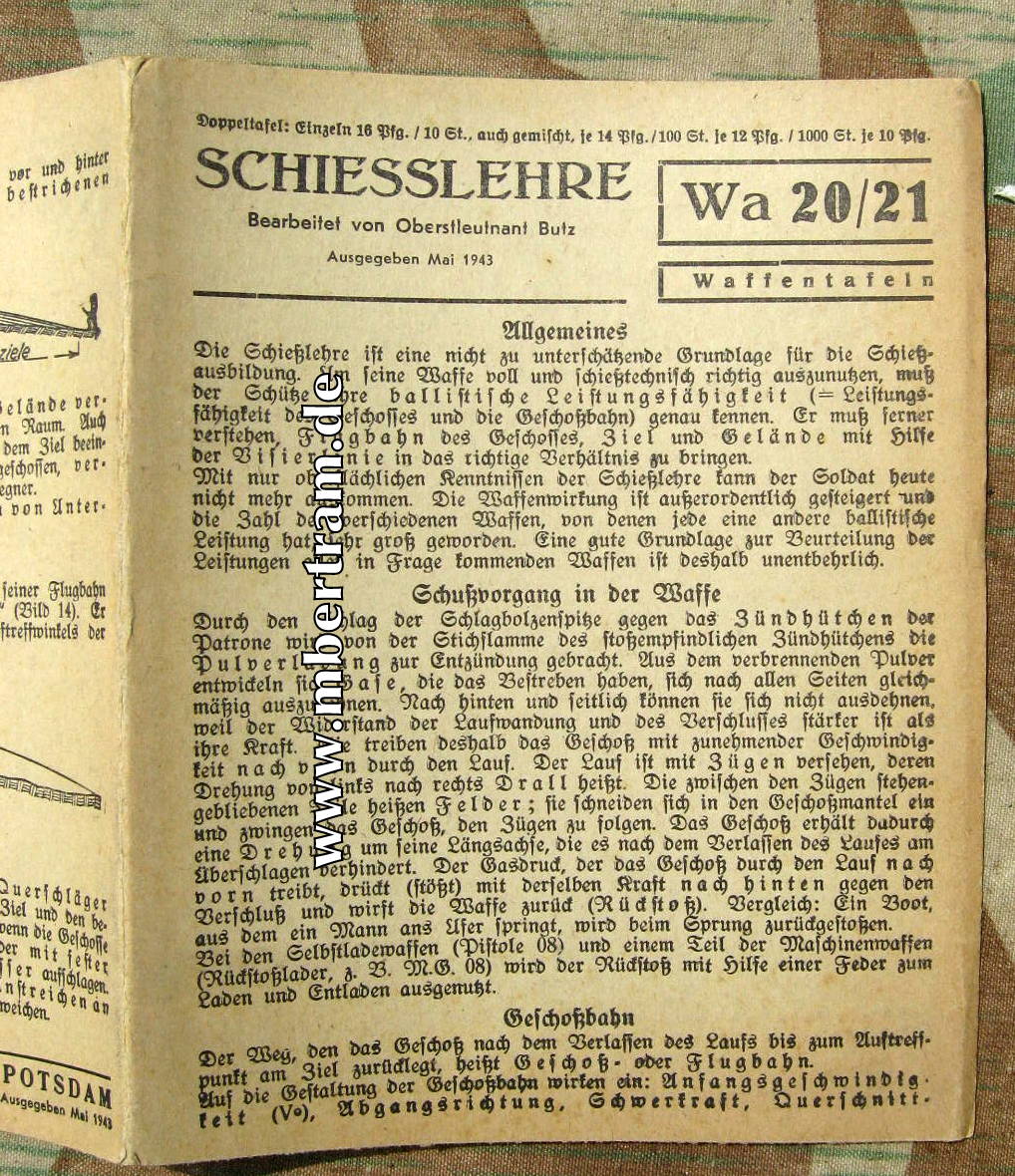 Wehrmacht Schiesslehre Wa 20/21- Waffentafeln, 1943.