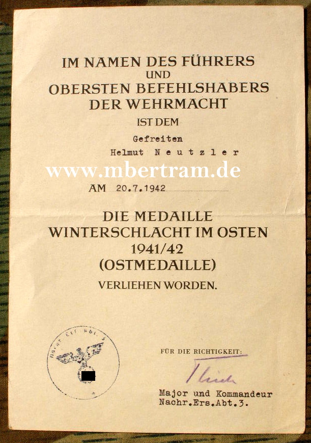 Urkunde "Medaille Winterschlacht im Osten 1941/42". Zustand 1-2. für Gefreiten Helmut N, 2