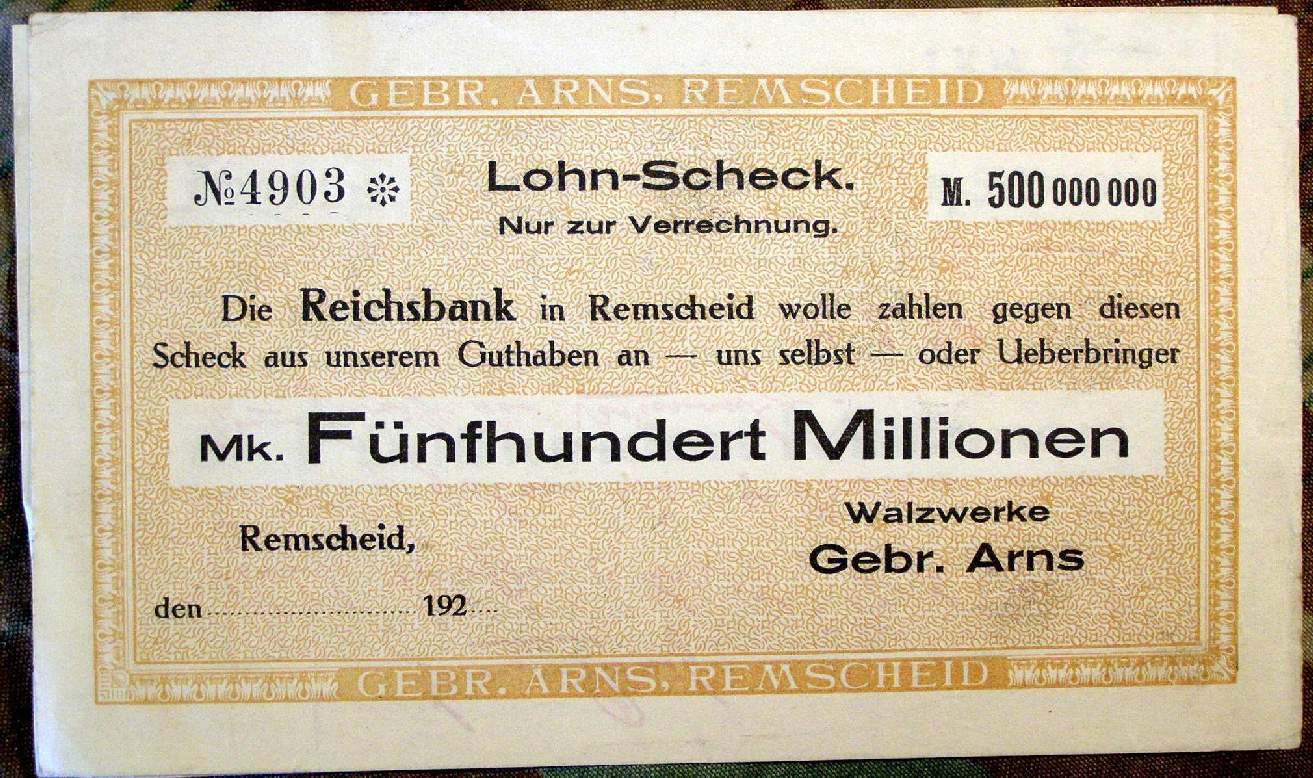 Lohn -Scheck zur Verrechnung, Walzwerk Arns Remscheid,
