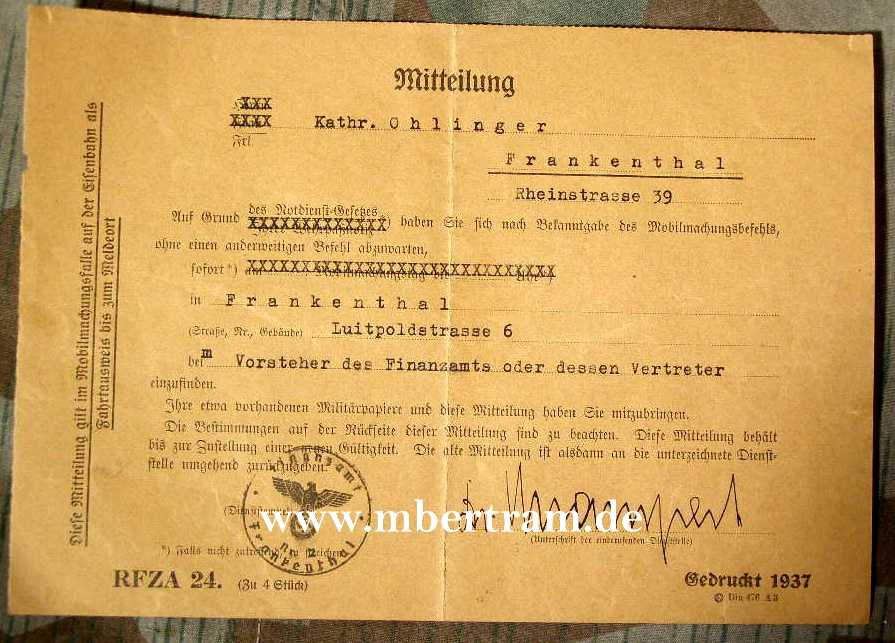 Meldungsverpflichtung im Fall der Mobilmachung 1937