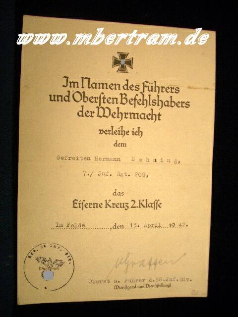 Unterschrift RK Träger Oberst K.v. Graffen, EK 2. Urkunde