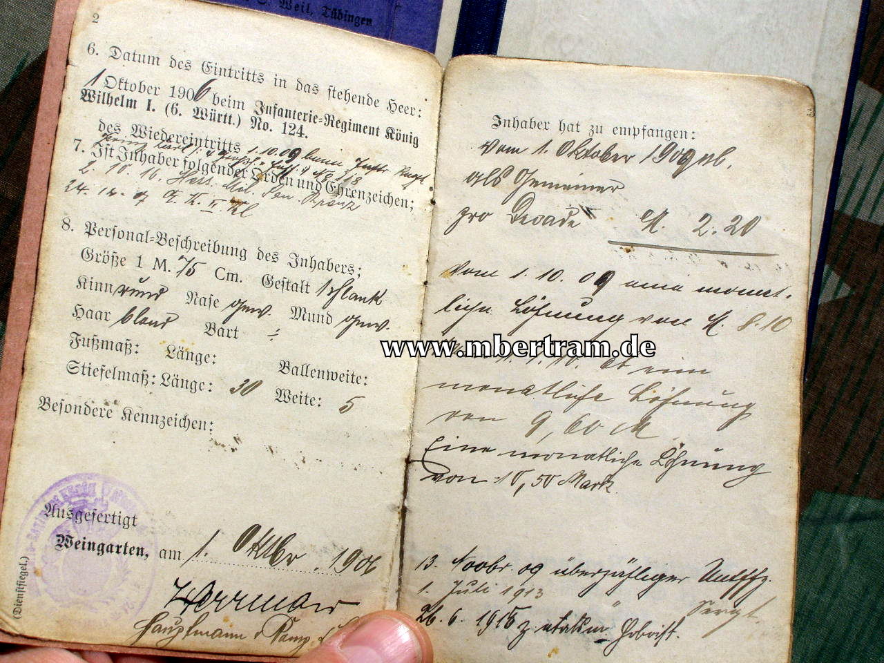 12447-30 Dokumente: Hilfs Hoboist, 6. Würtemb.Inf. Rgt. No. 124
