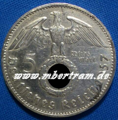 5 Reichsmark, Kunstvolle Originalmünze 30/40er Jahre