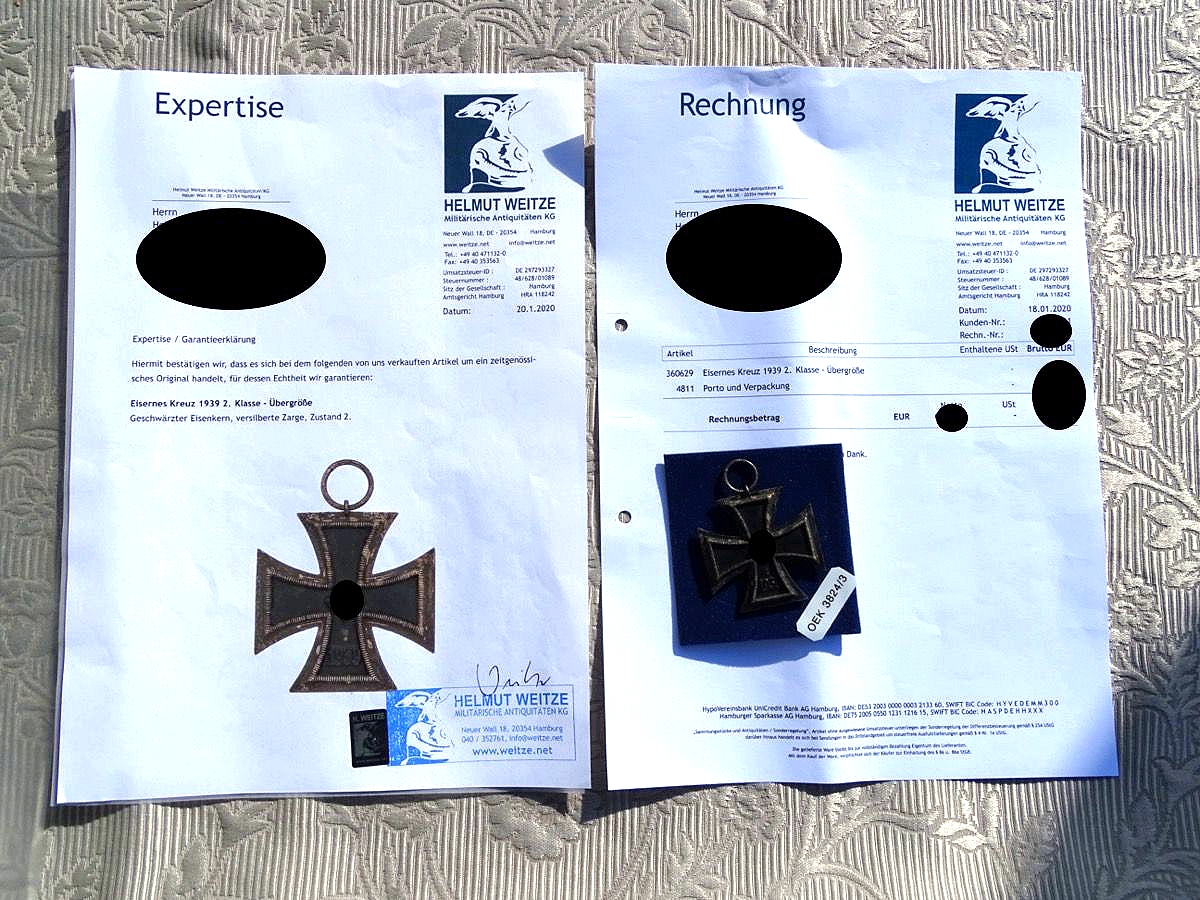 Eisernes Kreuz 2. Klasse 1939, Übergröße, mit Weitze Rechnung und - Expertise