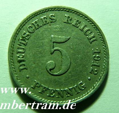 5 Pfennig Stück, Kunstvolle Originalmünze vor 1919