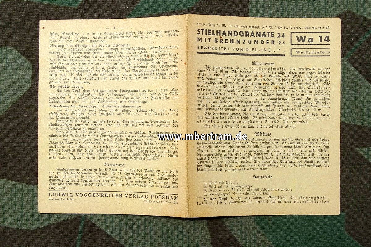 "Stielhandgranate 24 mit Brennzünder 24",  Wa 14 Waffentafel,  Oktober 1936