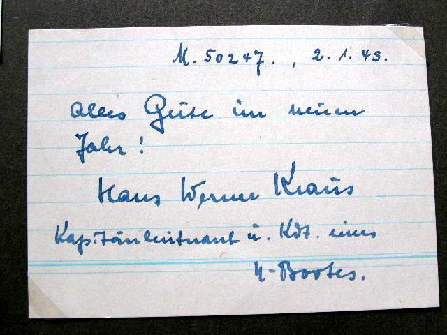 Signatur: Hans Werner Kraus, RK Träger d. KM, U-Boot Kdt.