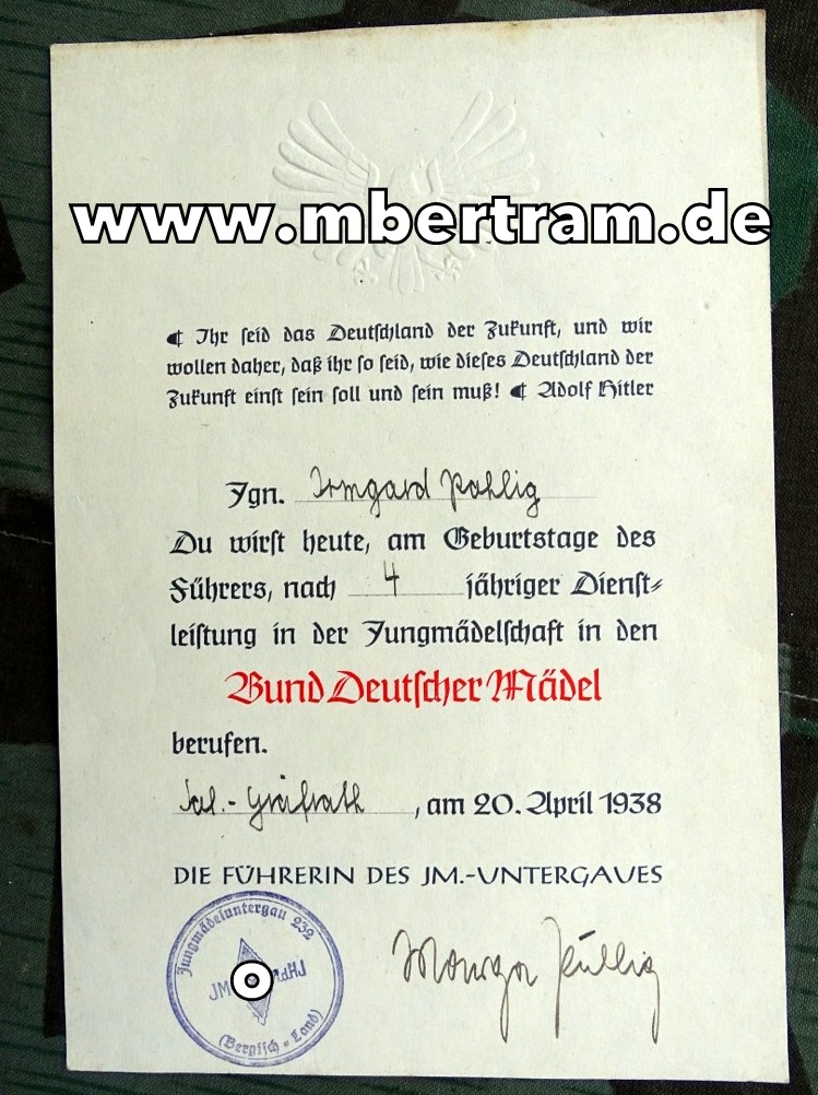Aufnahmeurkunde in den BDM 20.04.1938, Jungmädeluntergau 232 Berg.-Land