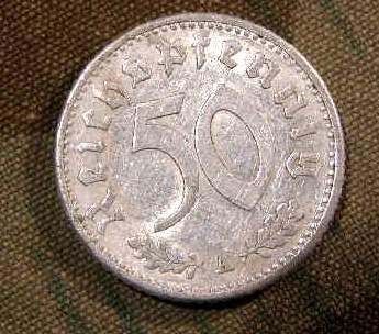 50 Pfennig Stück, kunstvolle Originalmünze 2. WK m. Adler