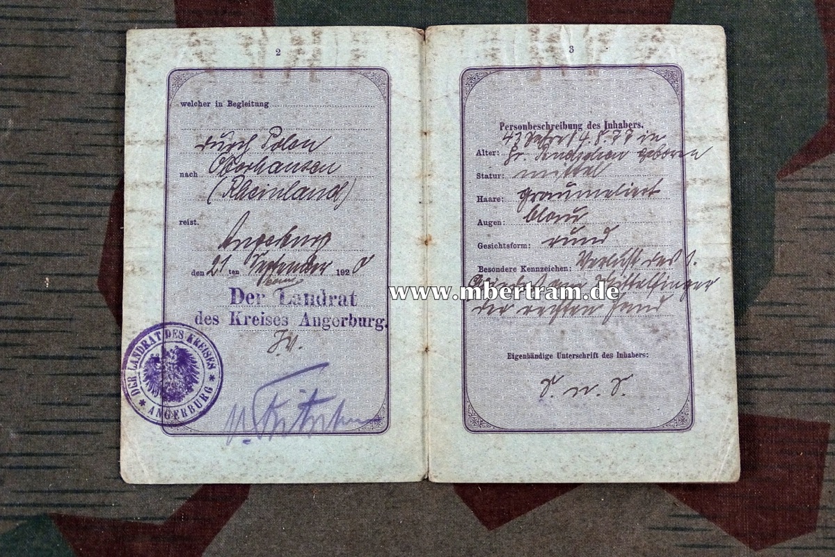Reisepass Deutsches Reich Preussen, August Kasimir, Angerburg, 1920