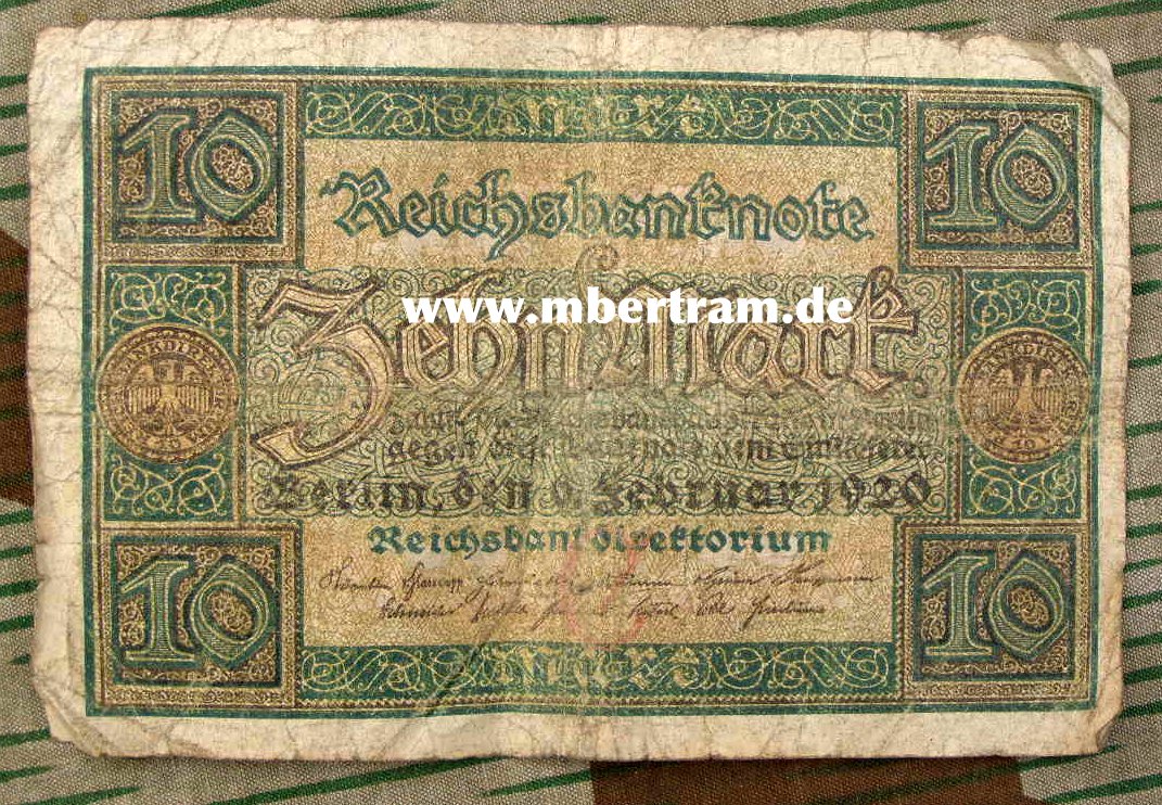 Reichsbanknote 10 Mark, Kunstvoller Originalschein 20er Jahre