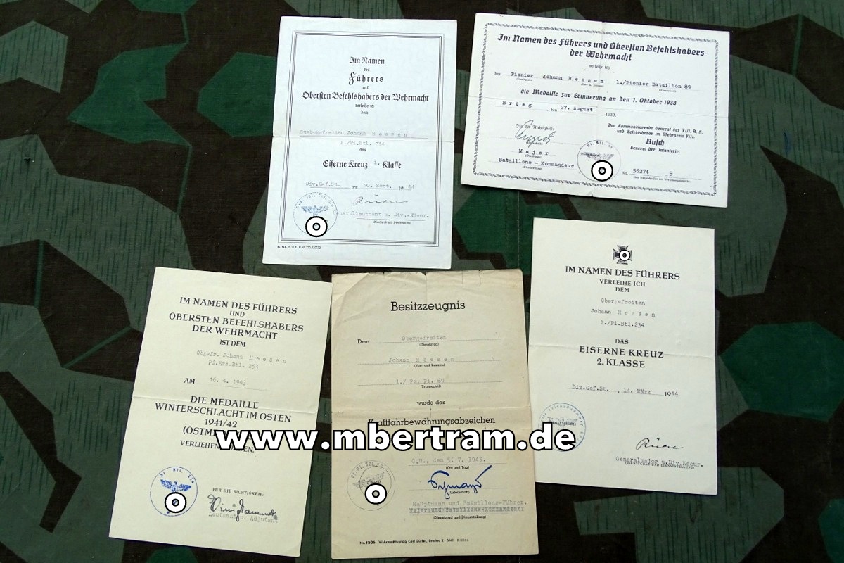 Urkundengruppe 1./Pi.Btl. 89 - 234, Med. 1.Okt.38, EK 1, Ostmed., Kraftf.Abz.br., EK2