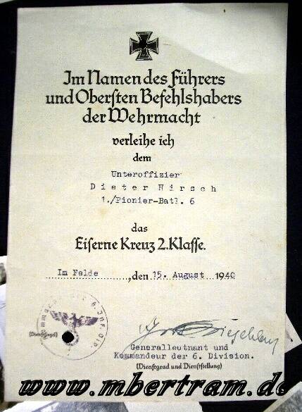 RK Träger Unterschrift Freiherr v.Biegeleben auf EK2 Urkunde