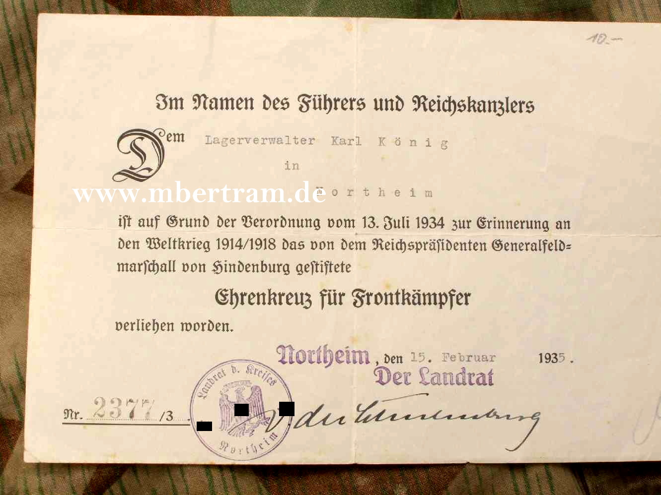 Urkunde für Ehrenkreuz für Frontkämpfer, Northeim 1935