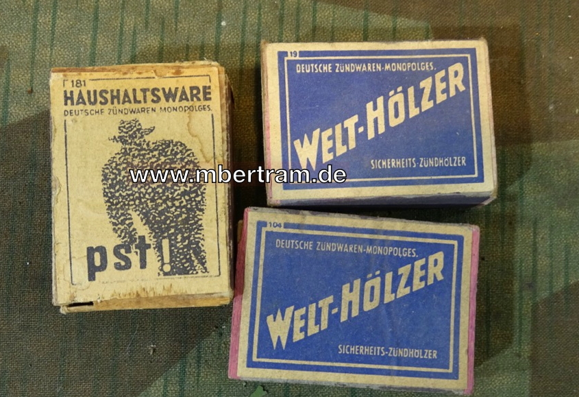 3x Streichhölzer 40er Jahre, 2x Aufdruck Welthölzer, einmal " Psssst"