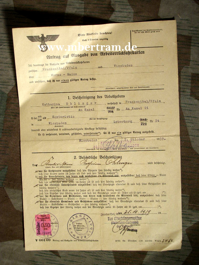 Antrag auf Ausgabe für Arbeiterrückfahrkarten 2.10.1939