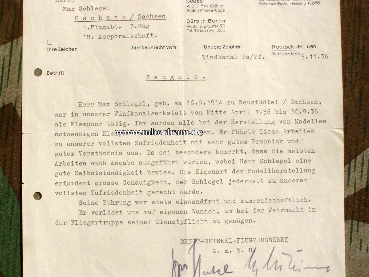 Zeugnis Mitarbeiter der Heinkel Flugzeugwerke