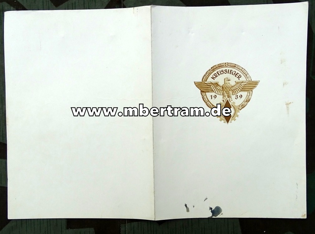 Großformatige Schmuckurkunde Reichsberufswettkampf für einen Kreissieger 1939