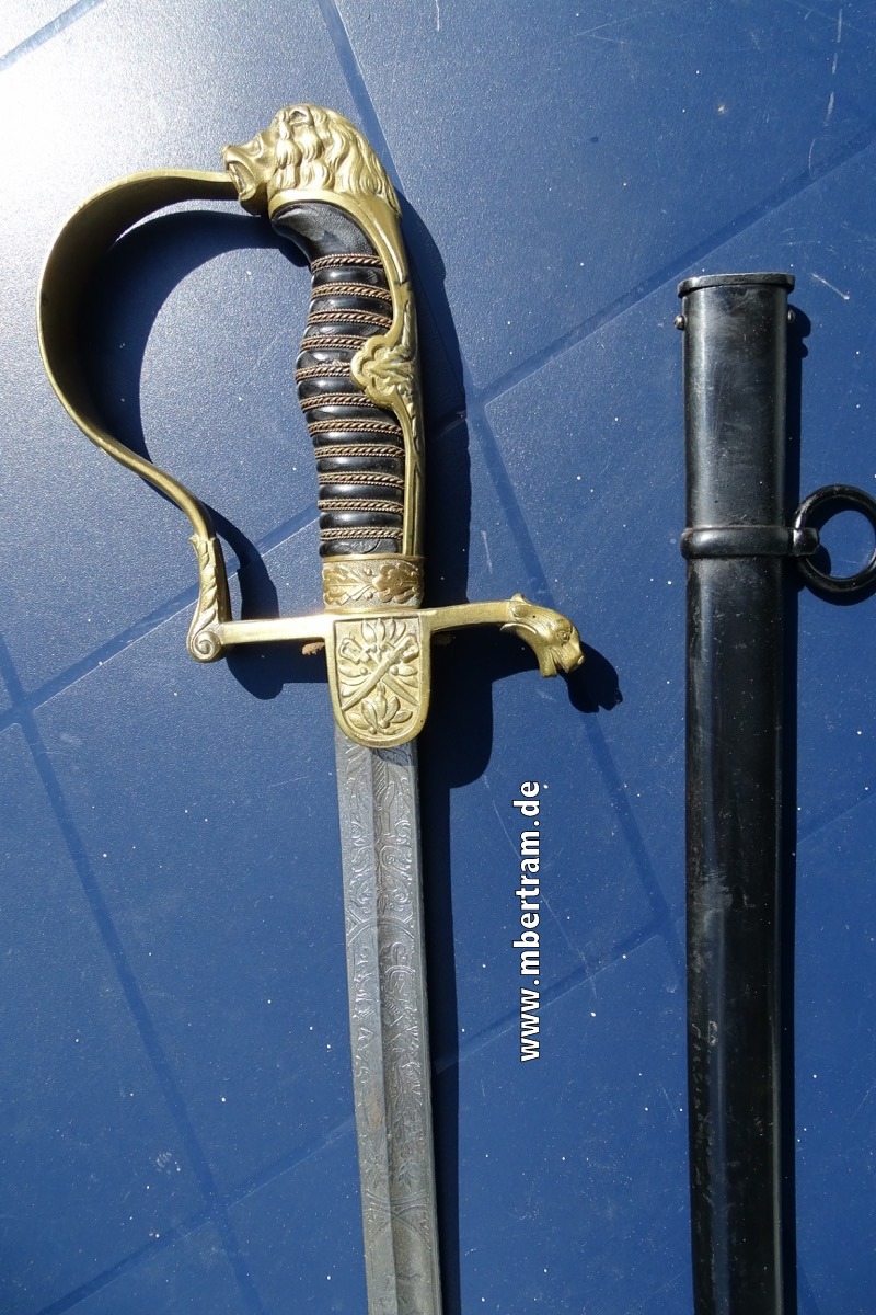 Löwenkopf Offiziers Kavalleriesäbel. " Westf. Train Btl. No. 7"