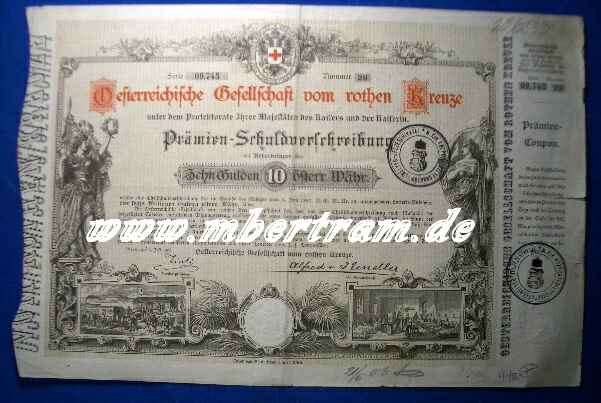 österr. DRK: Prämien Schuldverschreibung 10 Gulden, 1882