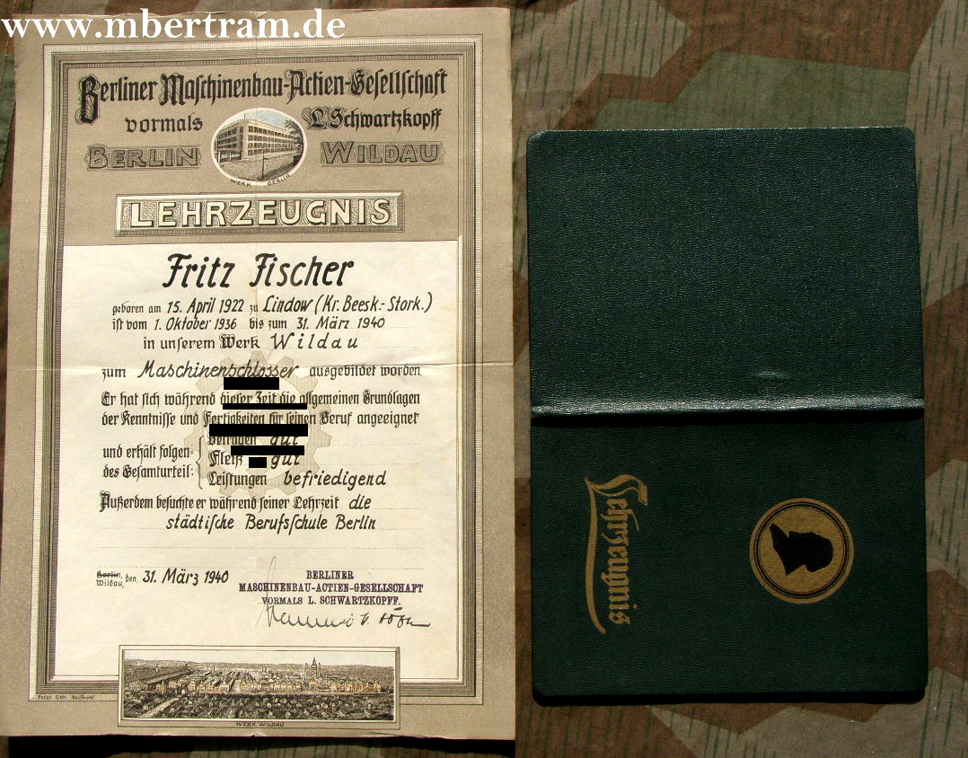 Dekoratives Lehrzzeugniss Maschienenschlosser 1940