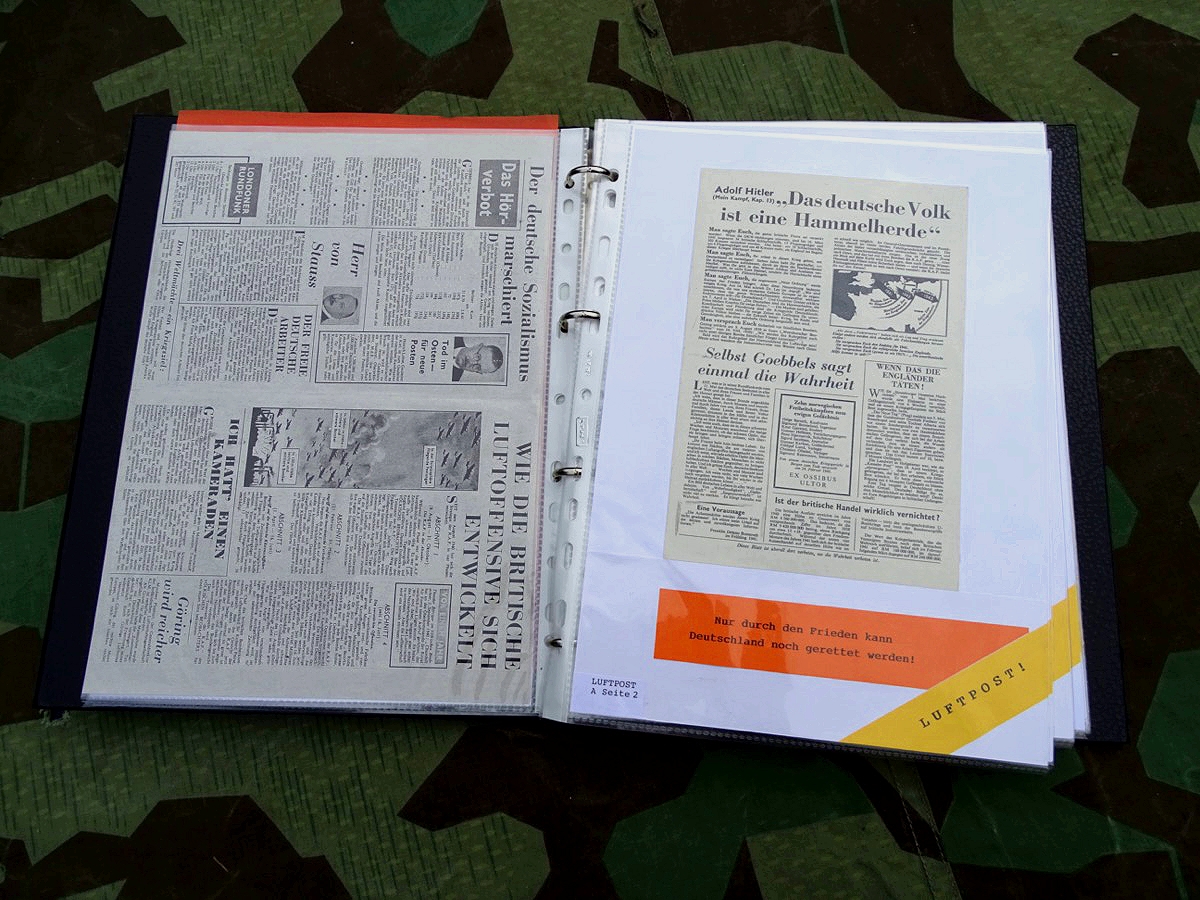 Ordner mit Allierten Abwurf Propaganda Flugblättern des 2. Weltkriegs, 17 Original, 10 Kopie Ordner mit Allierten Abwurf Propaganda Flugblättern des 2. Weltkriegs, 17 Original, 10 Kopie