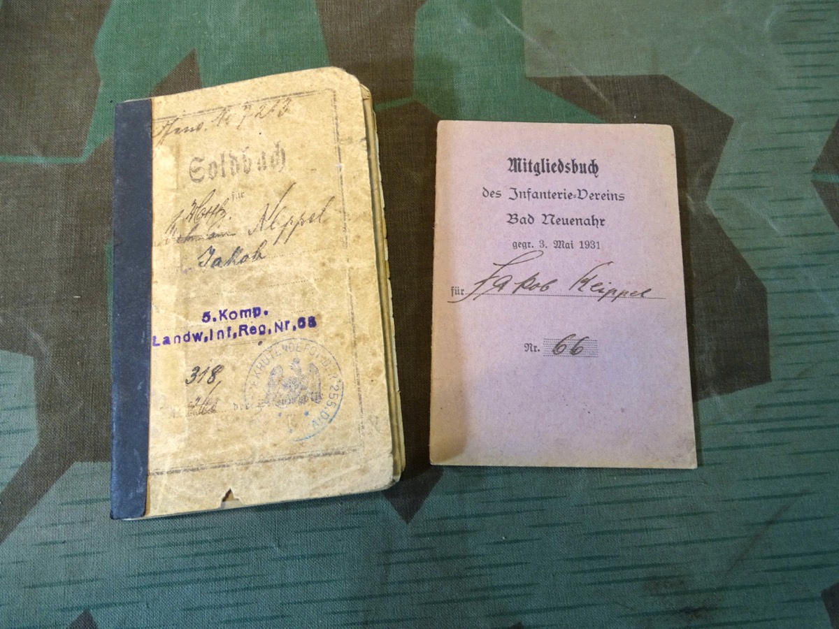 Soldbuch Jakob K 5 Kp. Landw. Inf Rgt. 68 u.Mitgliedsbuch Inf. Verein Bad Neuenahr.