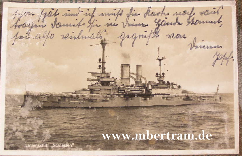 Postkartenfoto "Linienschiff Schlesien ", gelaufen, 1935