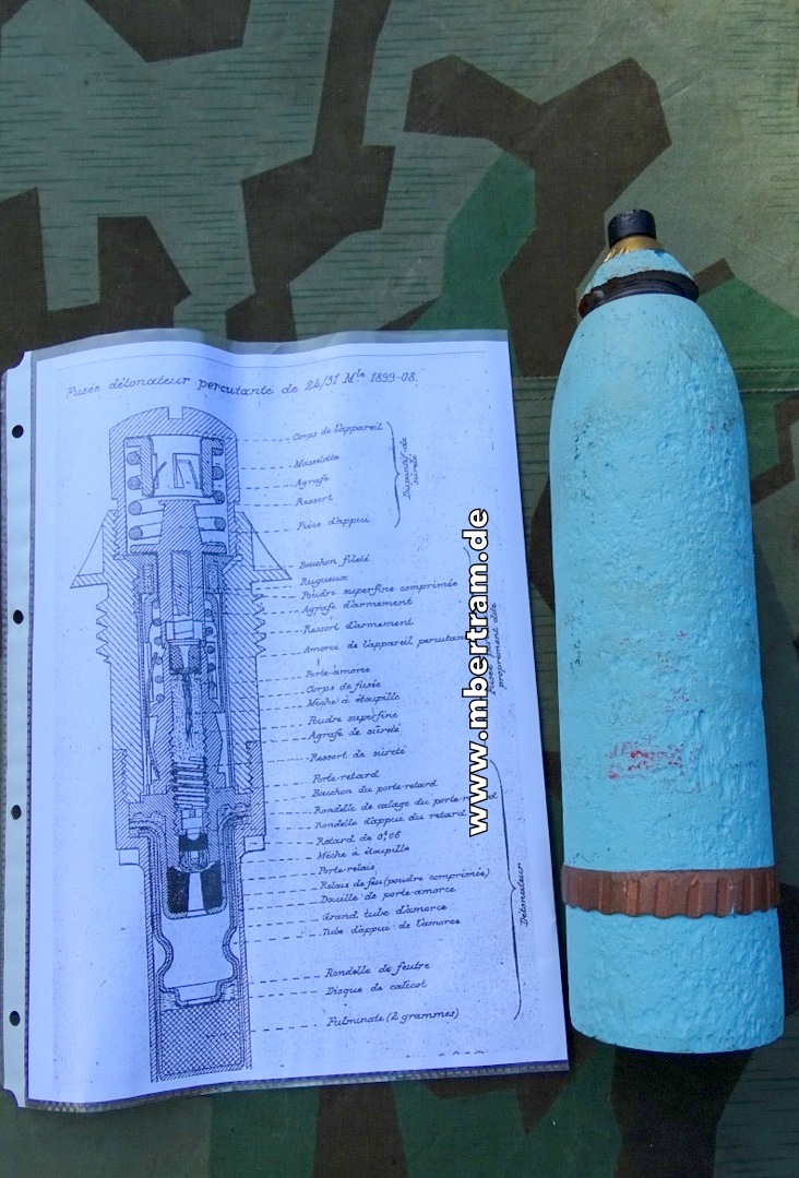 Französisches 75 mm Geschoss mit Kupfer Führungsring und Zünder 1. Weltkrieg