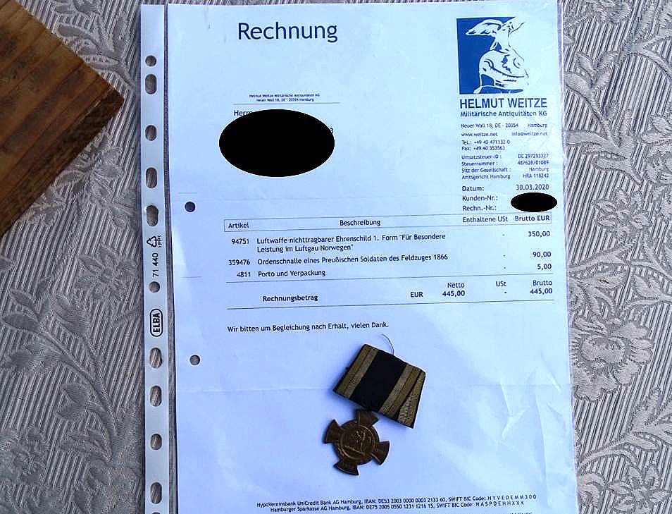 Ordensschnalle eines preussischen Soldaten des Feldzugs 1866,  mit Weitze Rechnung 