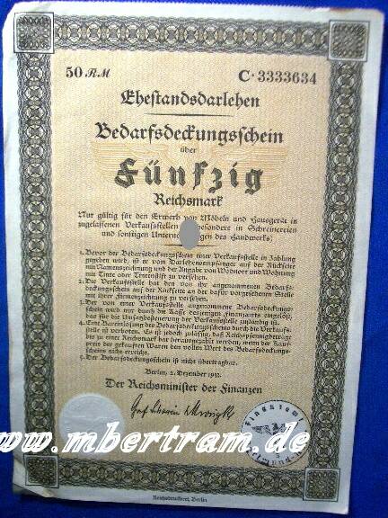 Ehestandsdahrlehn, 50 Mark 1933, Finanzamt Dortmund