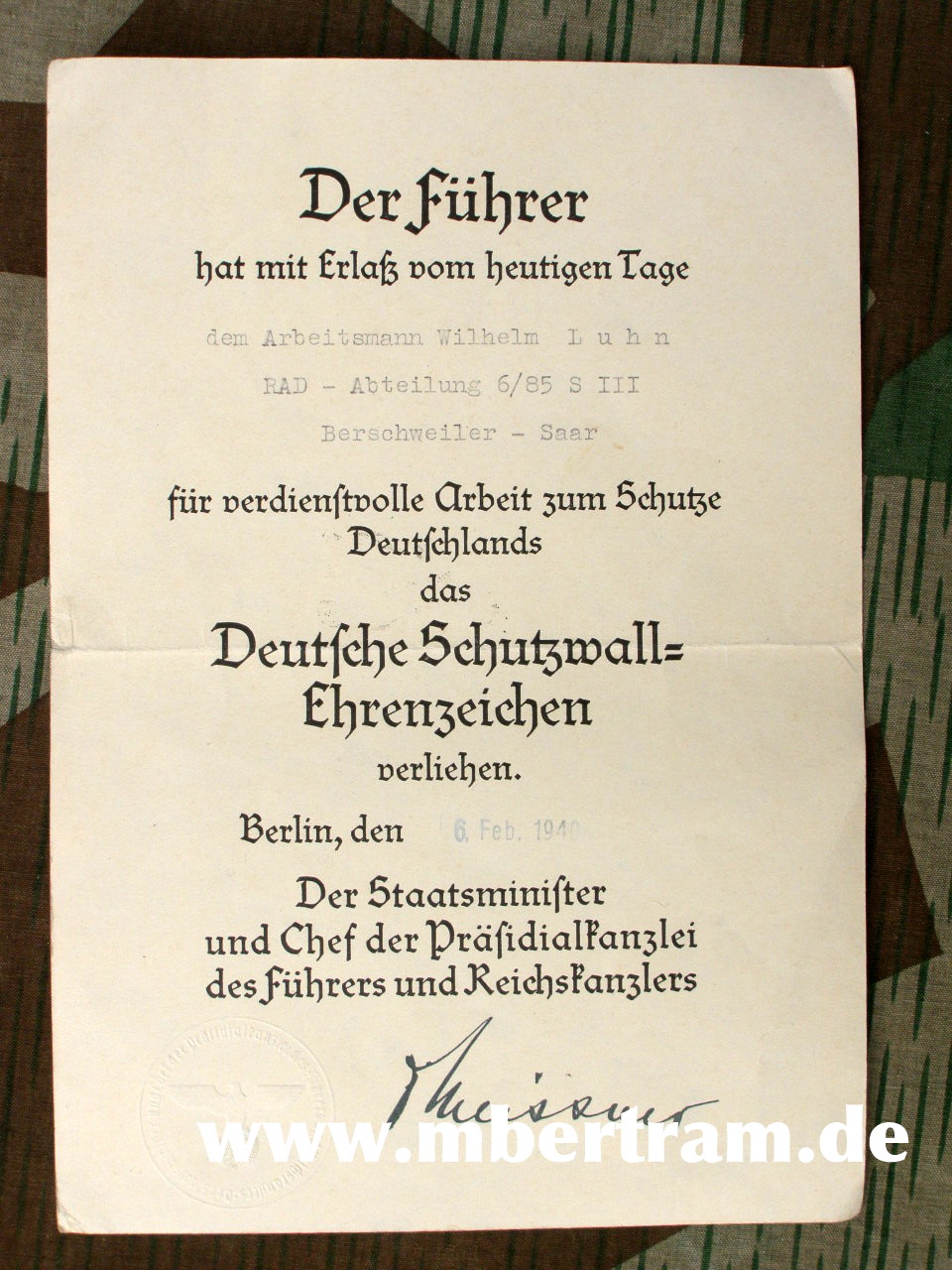 Urkunden: 6.Inf.Rgt 240: Schutzwall.,ISA, EK2, Verw.Abz., Ostm.