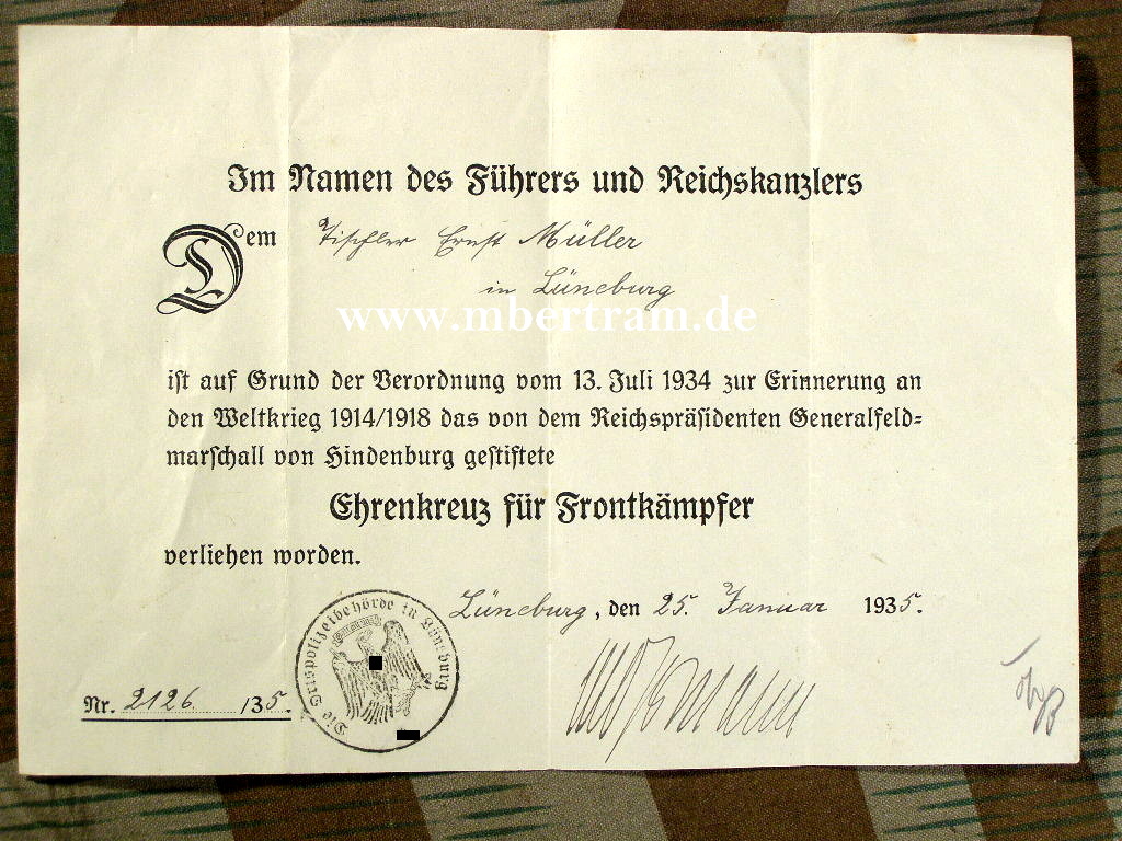Urkunde Ehrenkreuz für Frontkämpfer, Lüneburg 1935