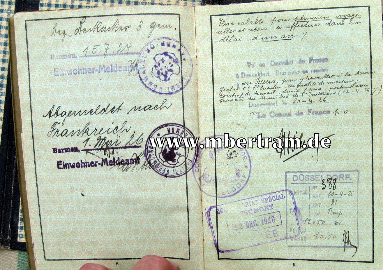 12925-7 Reisepass u. Militärpass Wuppertaler Bandwirkermeister