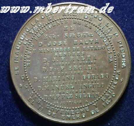 Medaille Einweihung Eisenbahn in Lima 1870. Buntmetall, 5cm